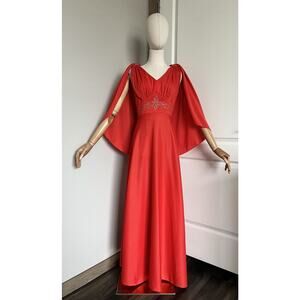 VTG 70s Miss Rubette Red Cape MOD Party Maxi Evening Formal Gown Dress Sz S/M?